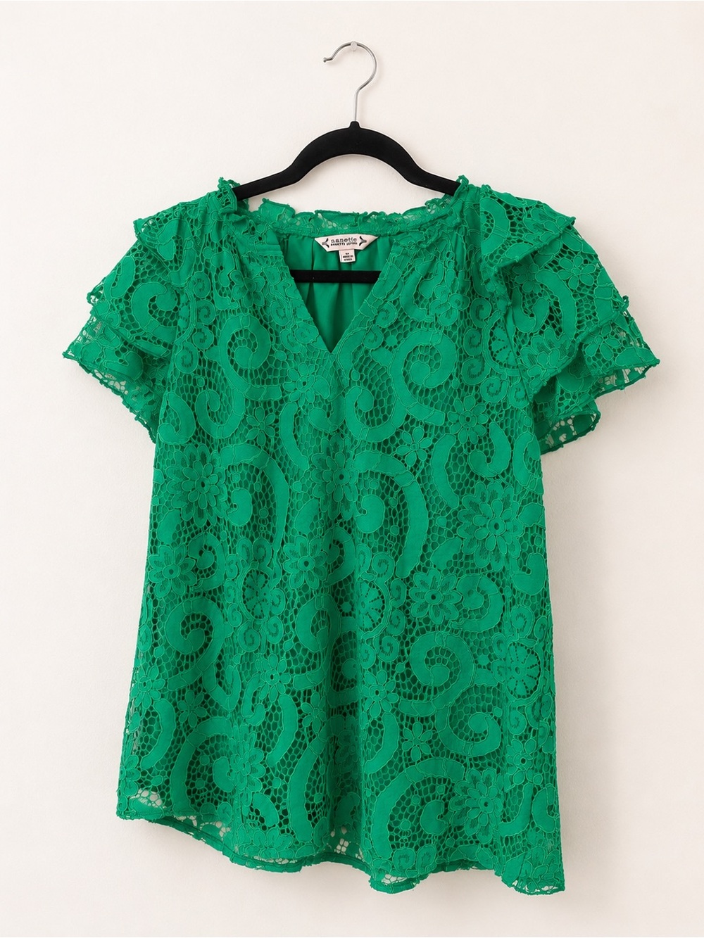 Nanette Nanette Lepore Green Lace Ruffle Sleeve Blouse Size M